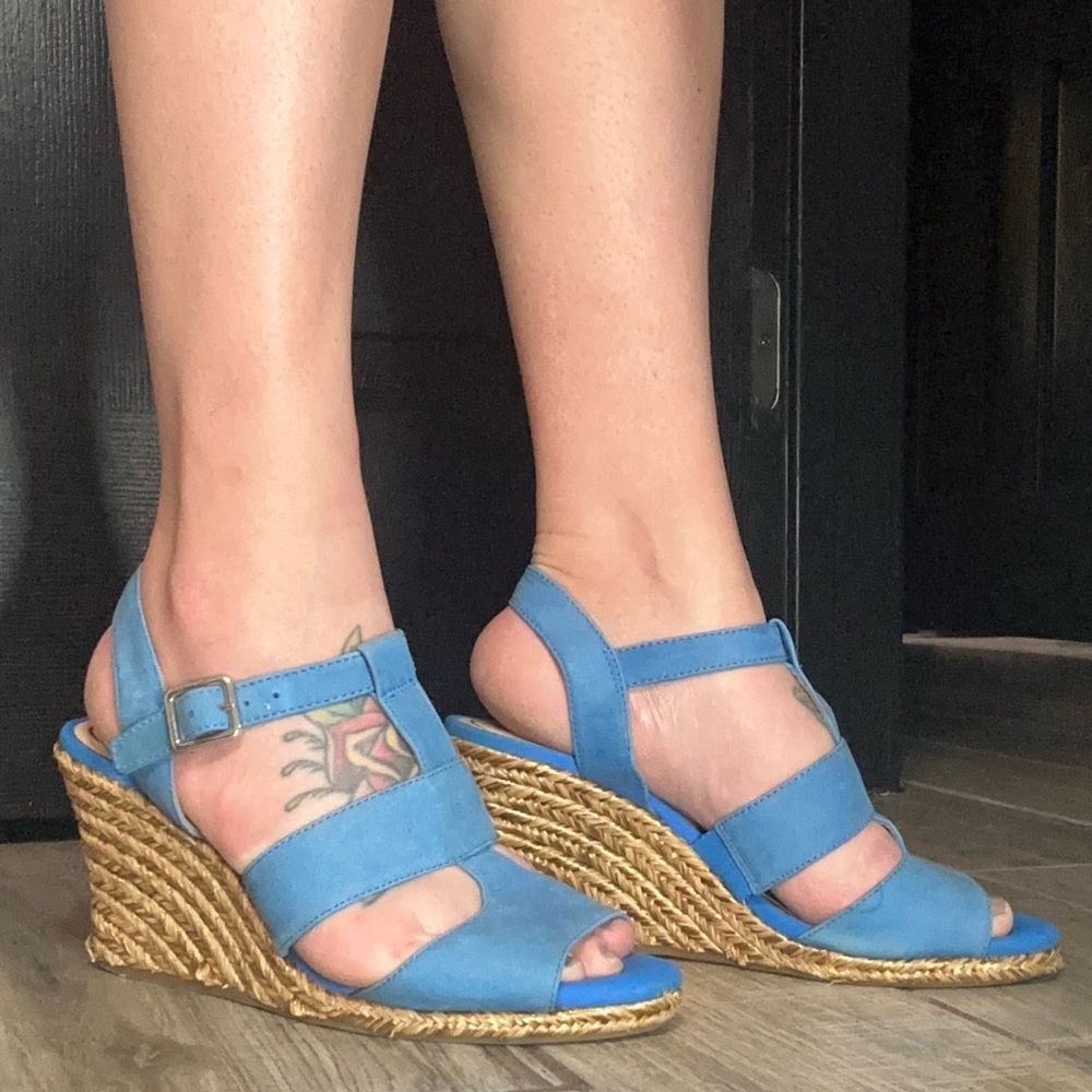 Alex Marie Cork Wedge Sandals Women’s Size 8 Blue Adjustable Buckle Strap